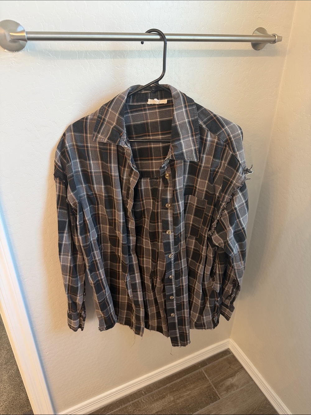 Distressed Plaid Button-Down Shirt in Charcoal and Brown